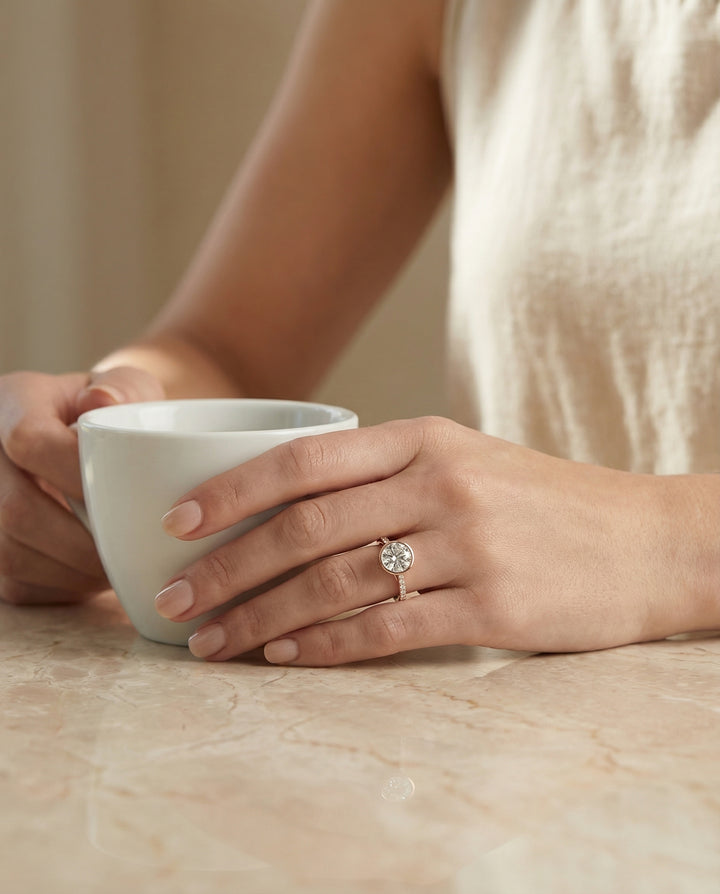 Round Brilliant, Linear Bezel Pavé, in 14K Rose Gold – lifestyle shot | RockHer