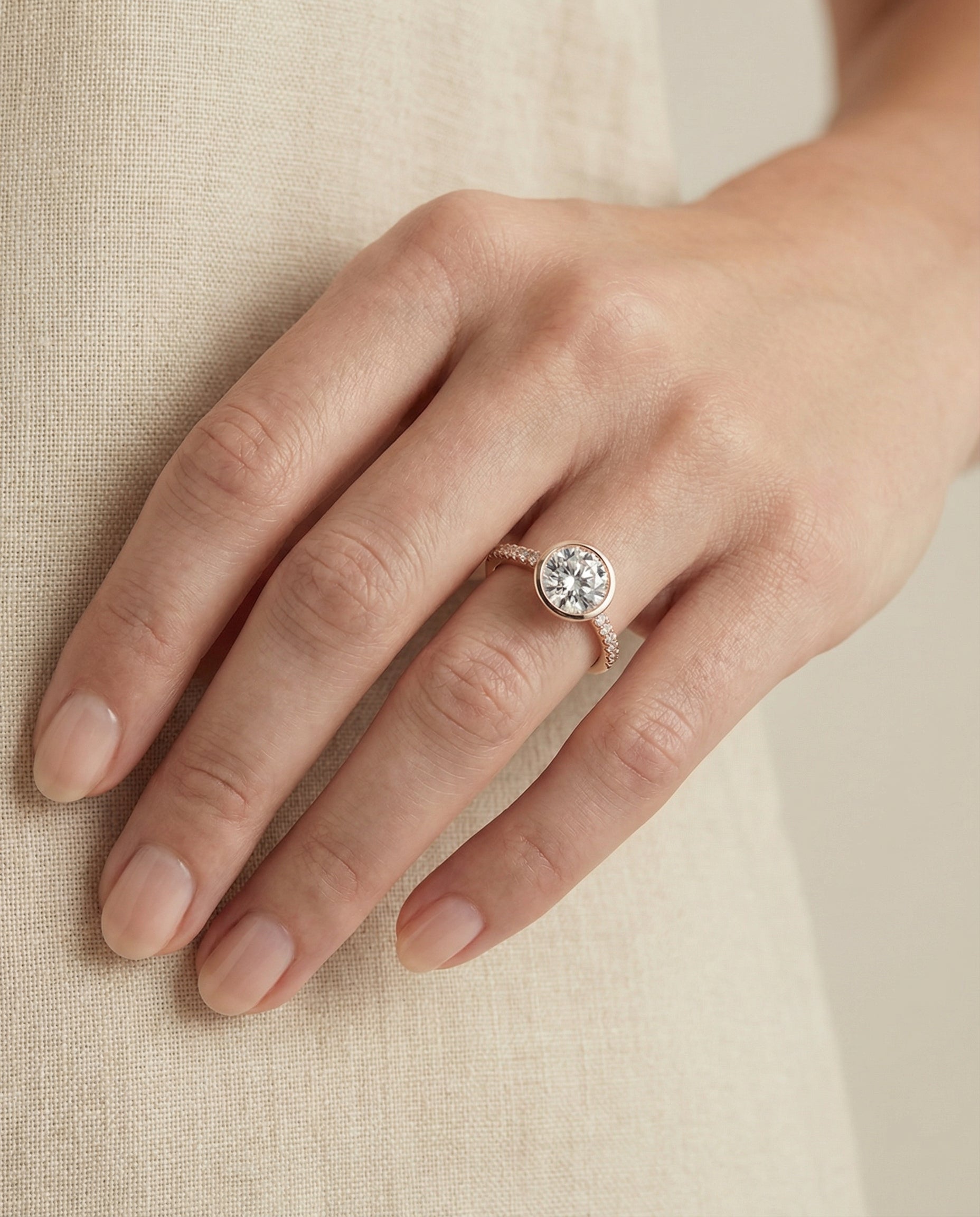 The Cappella engagement ring setting in 14K Rose Gold, linear bezel pavé design | RockHer