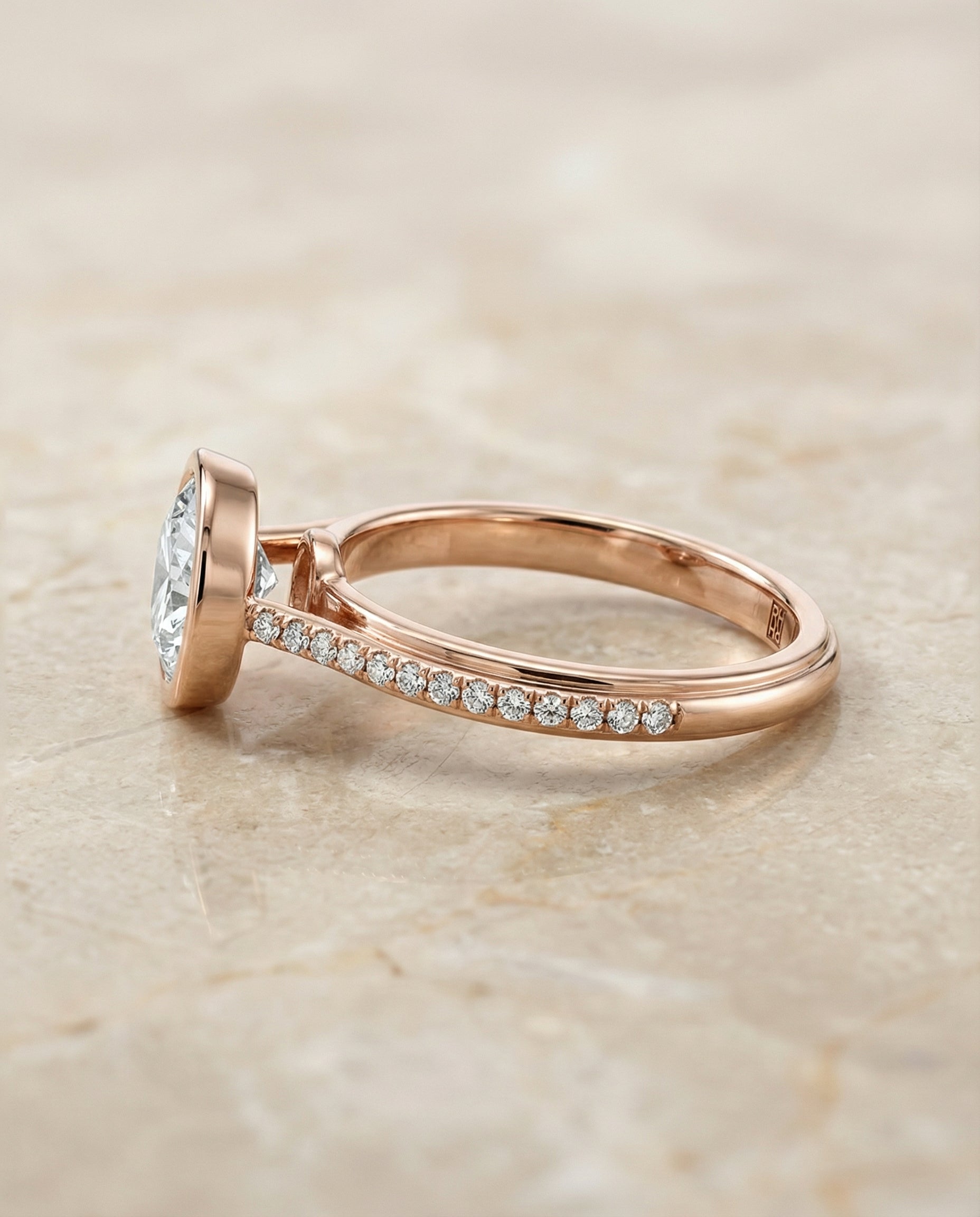 Cappella Select Linear Bezel Pavé Round Lab Diamond Engagement Ring in 14K Rose Gold, side view | RockHer