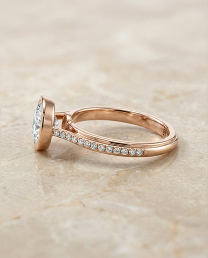 Cappella Select Linear Bezel Pavé Round Lab Diamond Engagement Ring in 14K Rose Gold, side view | RockHer