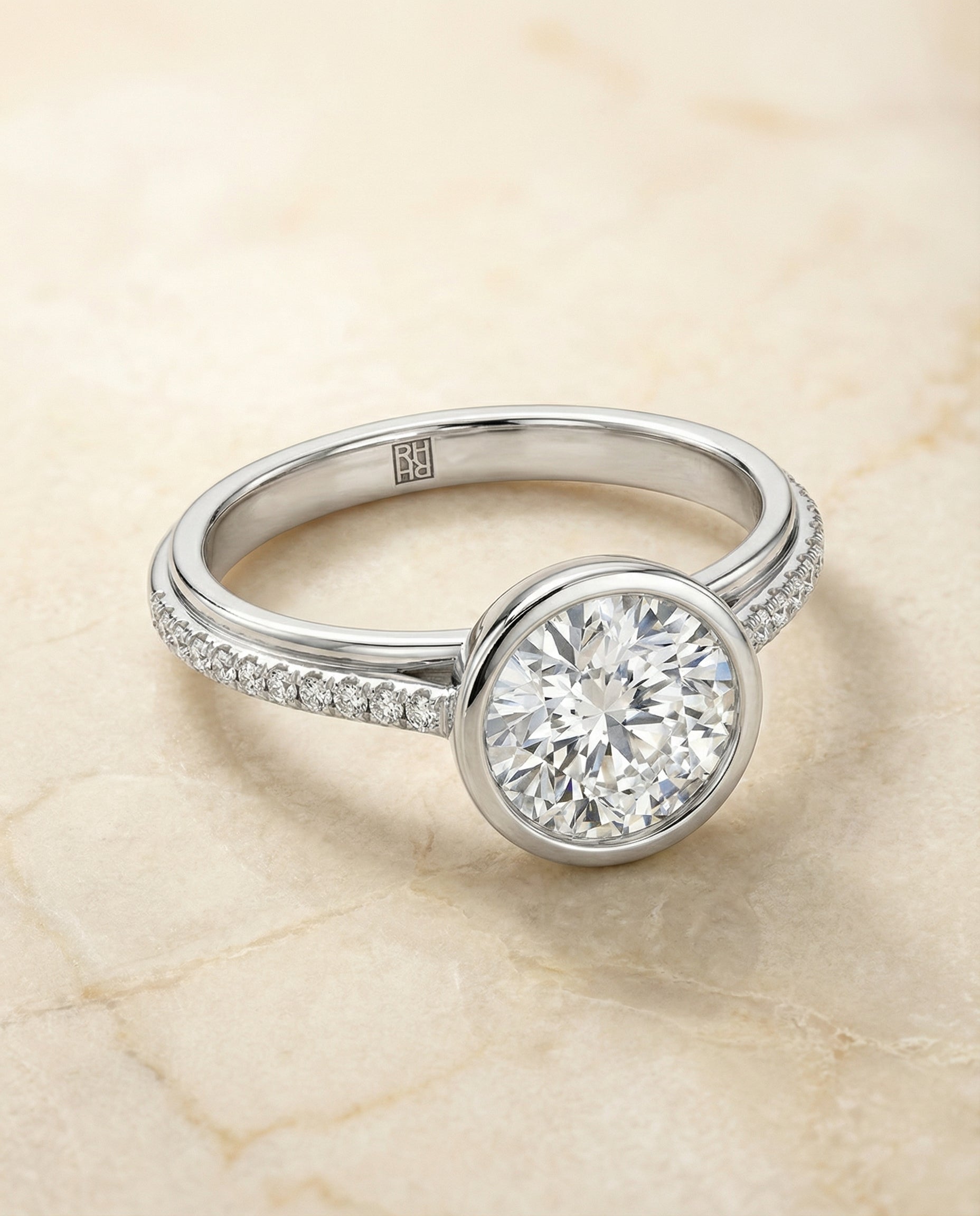 Cappella Select Linear Bezel Pavé Round Lab Diamond Engagement Ring in Platinum, alternate angle | RockHer
