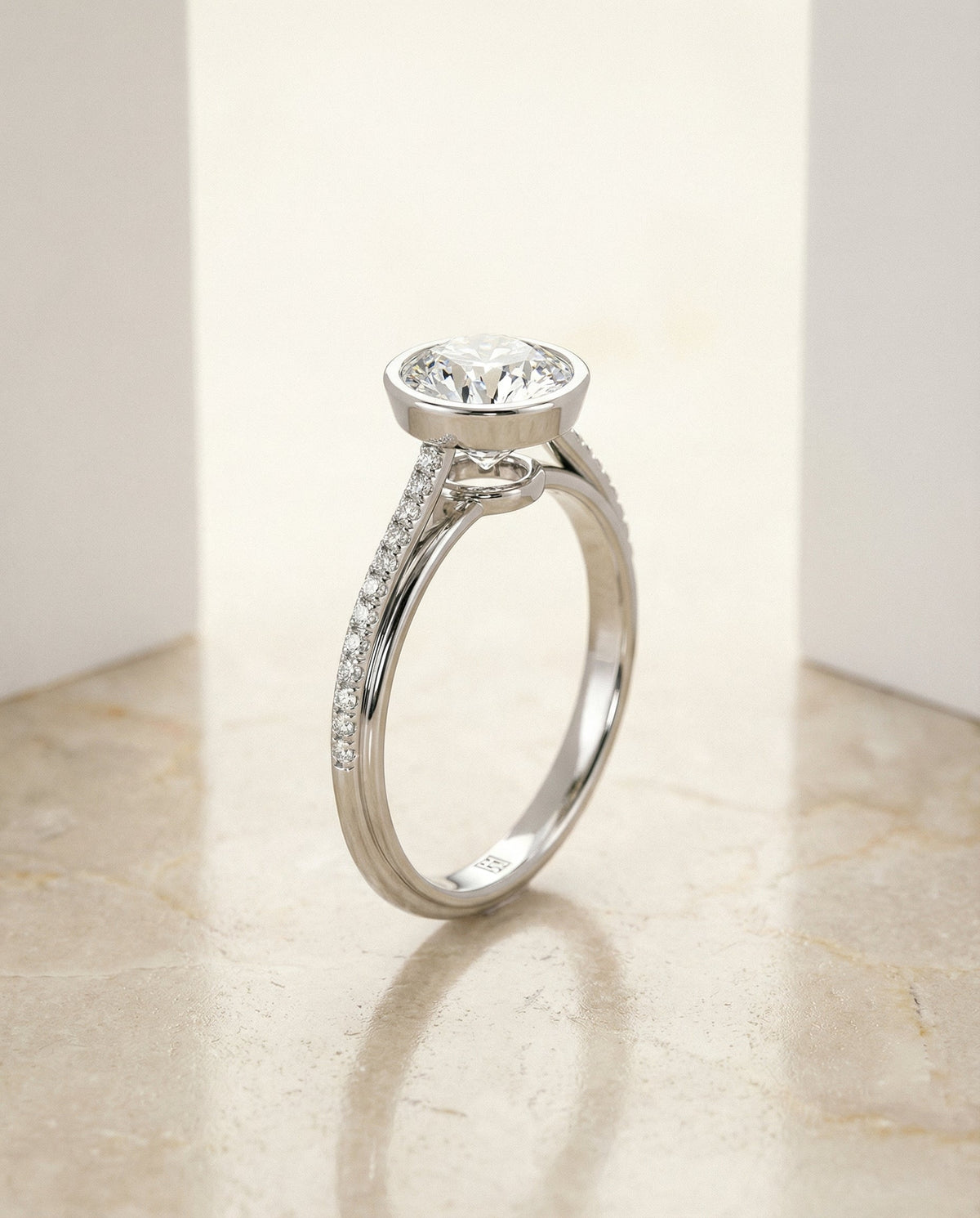 Cappella Select Linear Bezel Pavé Round Lab Diamond Engagement Ring in Platinum, front view | RockHer