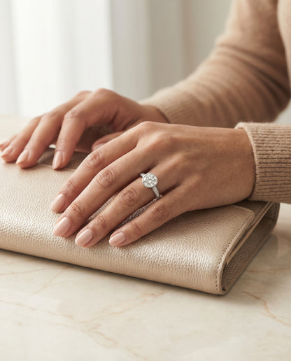 Round Brilliant, Linear Bezel Pavé, in Platinum – lifestyle shot | RockHer