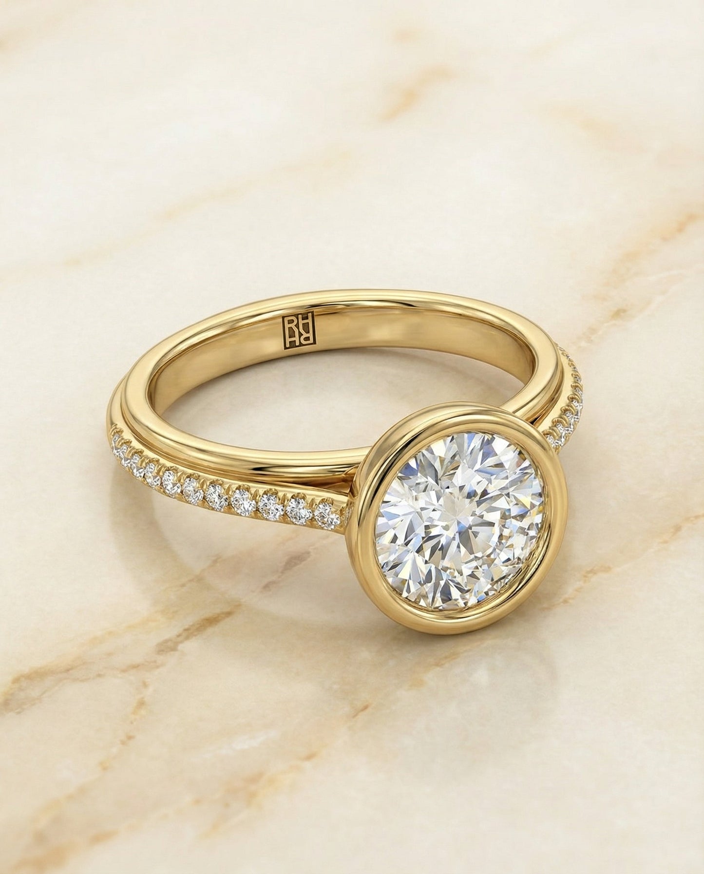 Cappella Select linear bezel pavé round ring in 14K Yellow Gold — alt angle — RockHer
