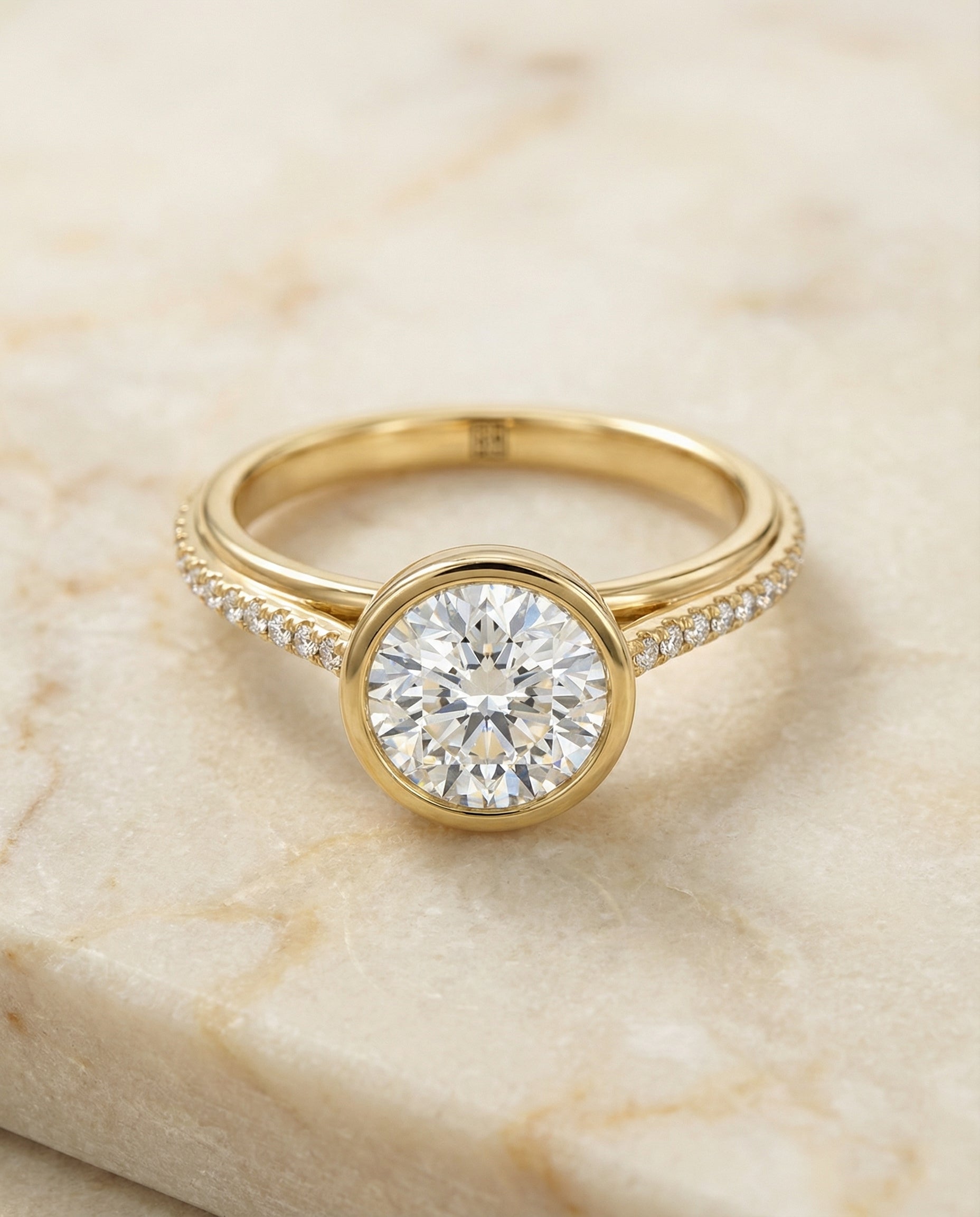 Cappella Select Linear Bezel Pavé Round Lab Diamond Engagement Ring in 18K Yellow Gold, alternate angle | RockHer