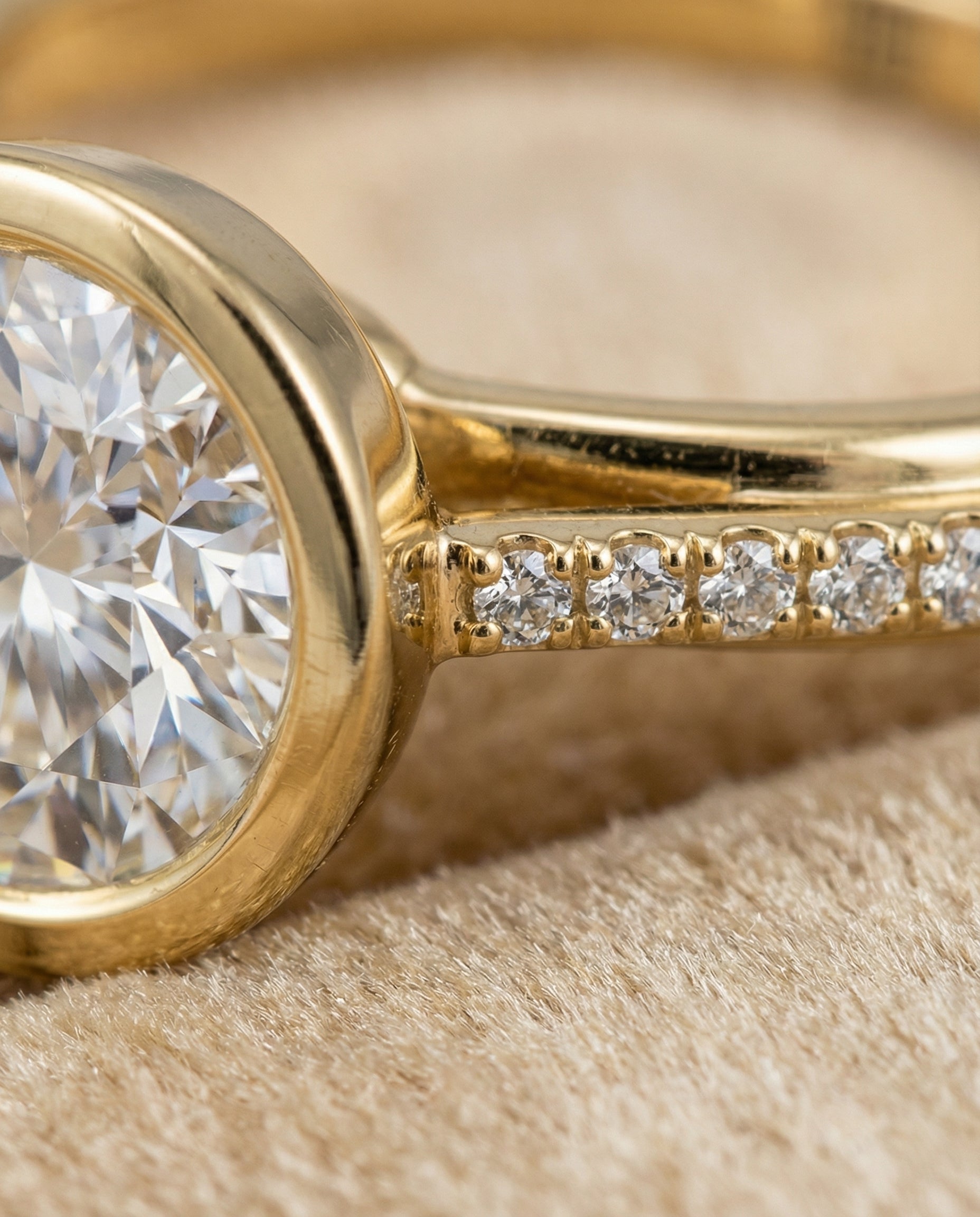 Cappella Select Linear Bezel Pavé Round Lab Diamond Engagement Ring in 18K Yellow Gold, detail view | RockHer
