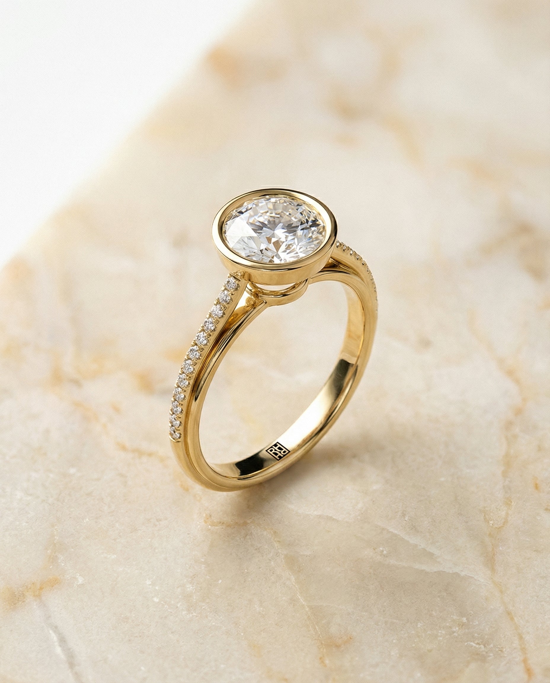 The Cappella linear bezel pavé engagement ring setting, shown in 18K Yellow Gold | RockHer