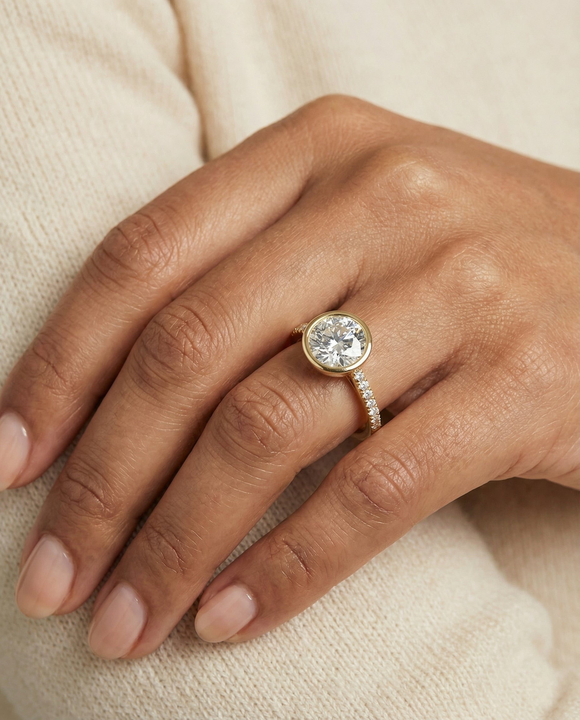 The Cappella engagement ring setting in 18K Yellow Gold, linear bezel pavé design | RockHer