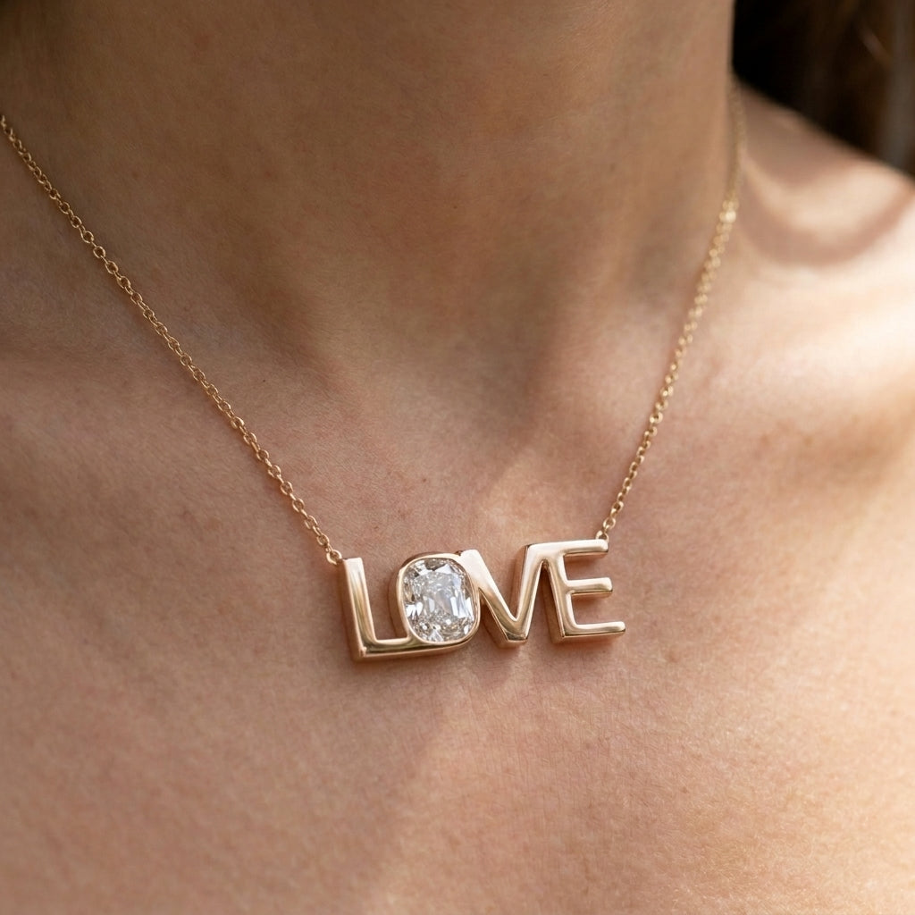 LOVE lab-grown diamond necklace in 14K Rose Gold, worn on neck