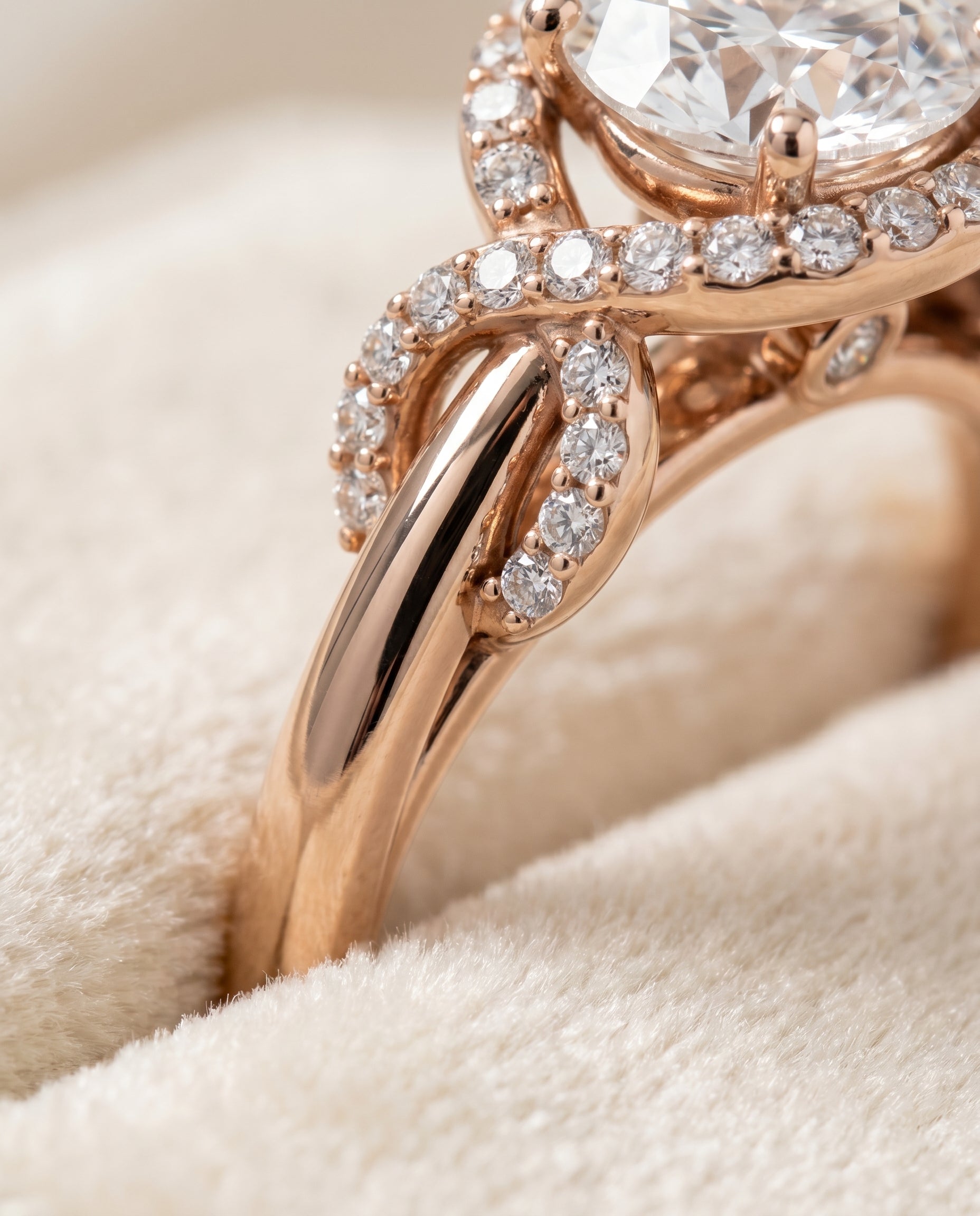 Calista Select Love Knot Halo Round Lab Diamond Engagement Ring in 14K Rose Gold, detail view | RockHer