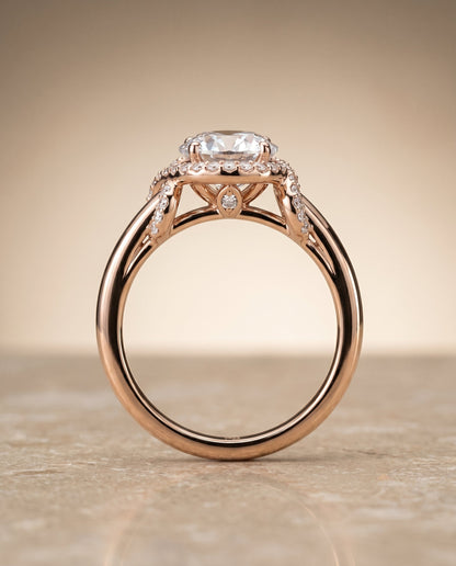 Calista Select Love Knot Halo Round Lab Diamond Engagement Ring in 14K Rose Gold, side view | RockHer