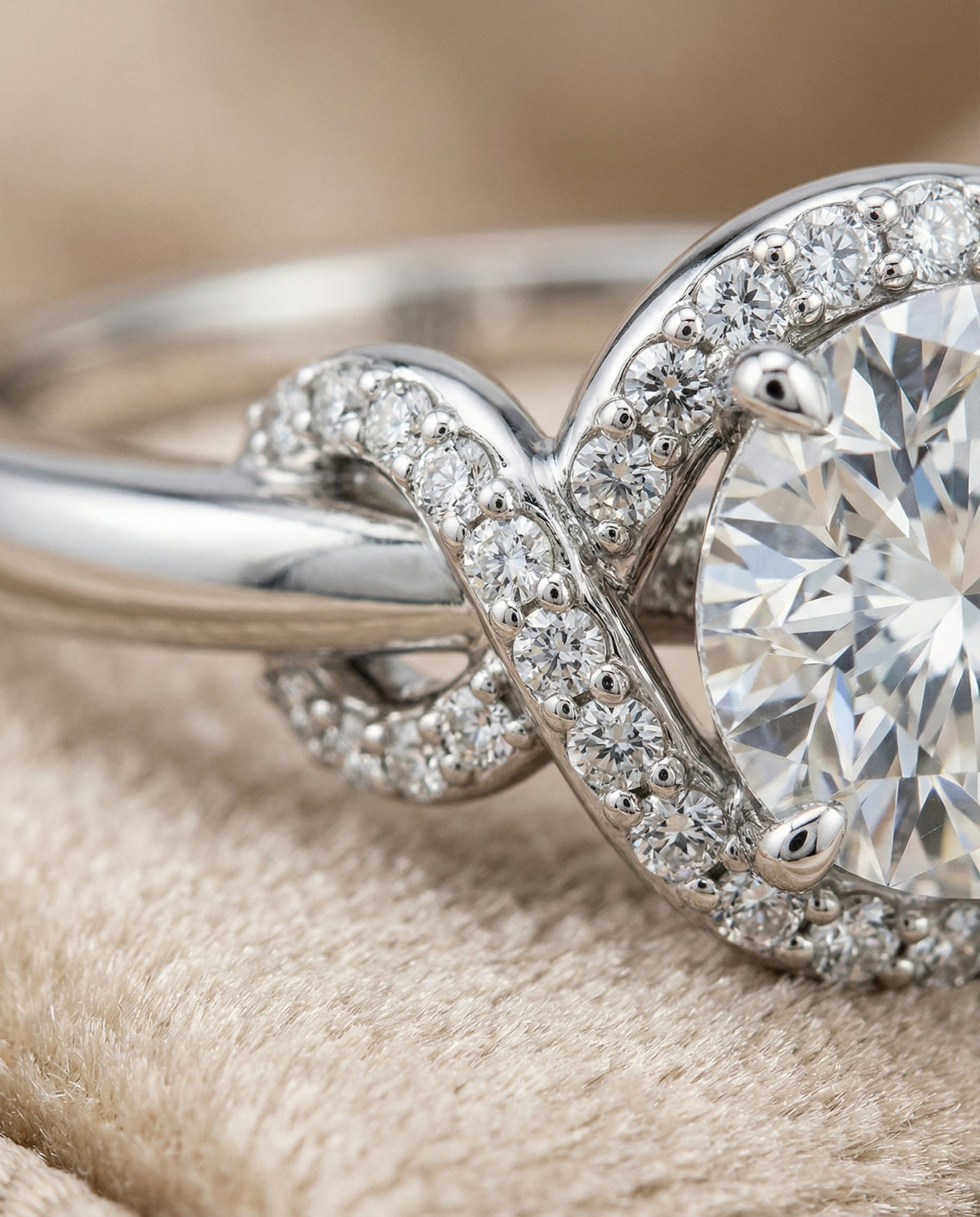 Calista Select Love Knot Halo Round Lab Diamond Engagement Ring in Platinum, detail view | RockHer
