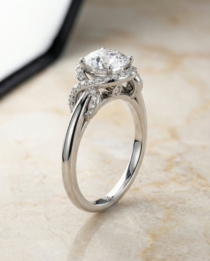 Round Brilliant, Love Knot Halo, in Platinum, pave setting – front view | RockHer