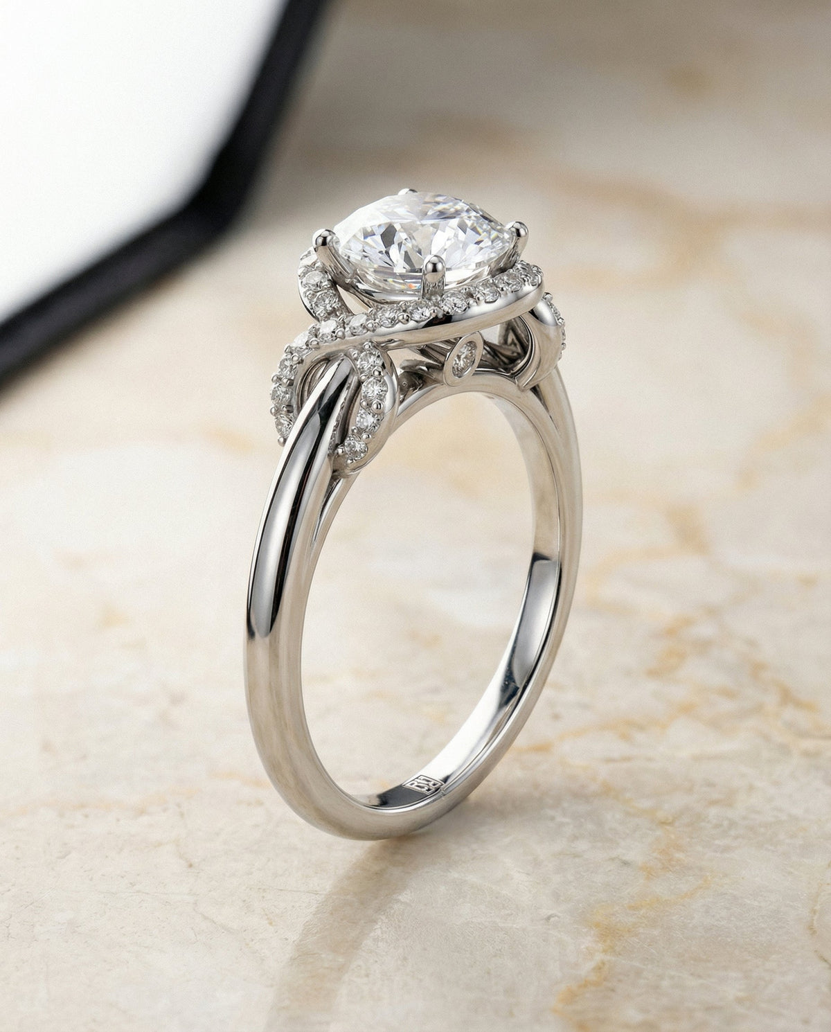 Calista Select Love Knot Halo Round Lab Diamond Engagement Ring in Platinum, front view | RockHer