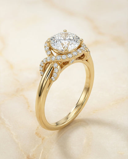 The Calista Select Love Knot Halo Solitaire Engagement Ring with Lab Diamond in 14K Yellow Gold — view 1