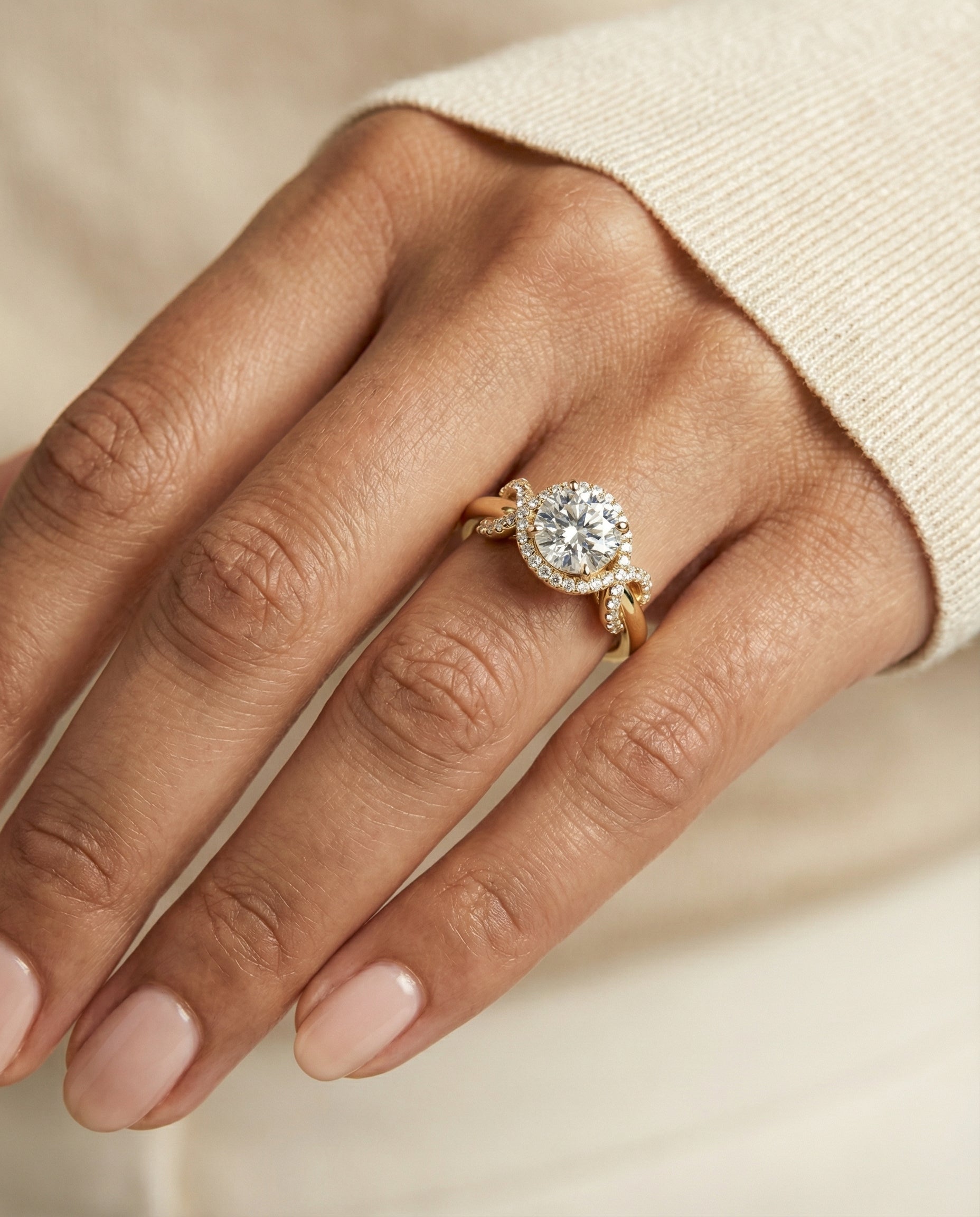 The Calista engagement ring setting in 18K Yellow Gold, love knot halo design | RockHer