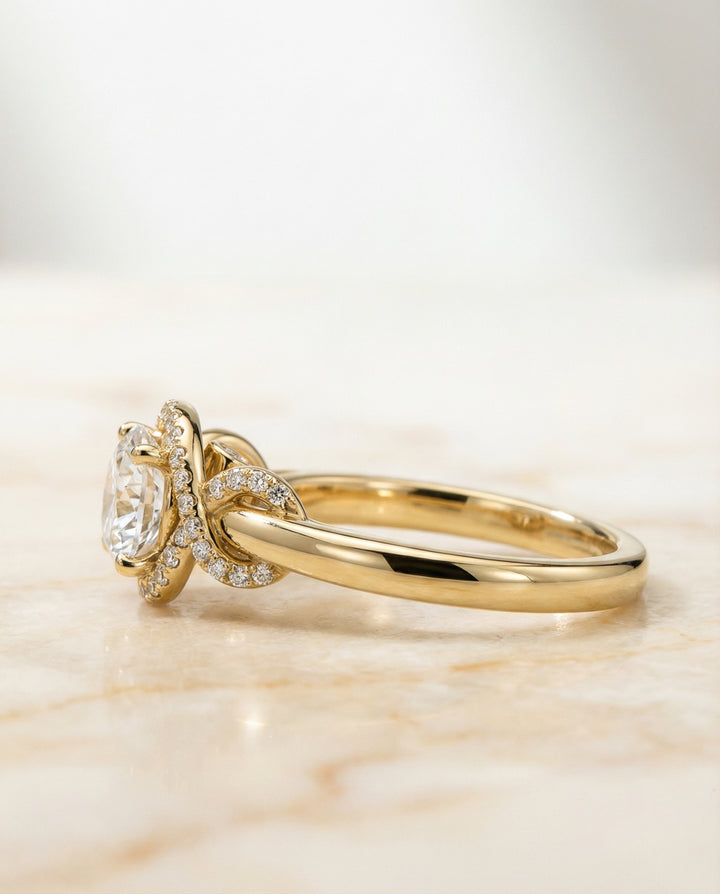 Round Brilliant, Love Knot Halo, in 18K Yellow Gold, pave setting – side profile | RockHer