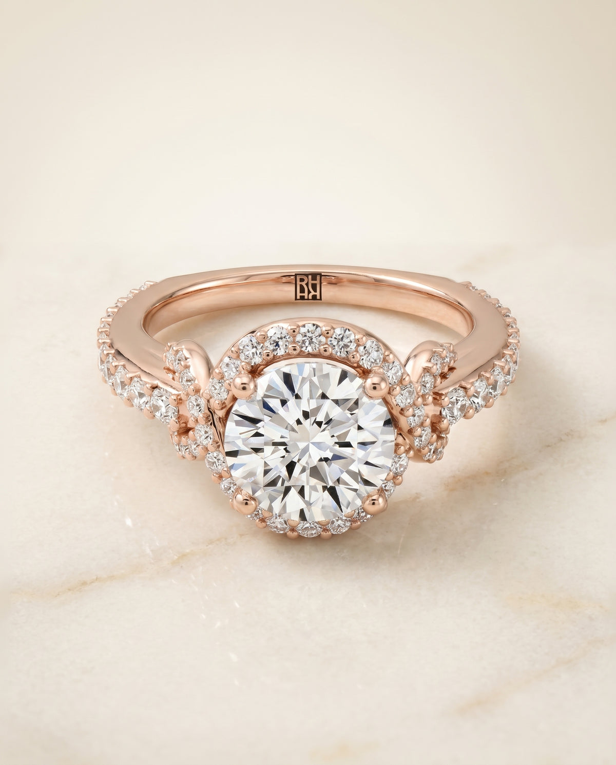 The Bess Pavé Halo Engagement Ring Setting for Round Diamonds in 14K Rose Gold | RockHer