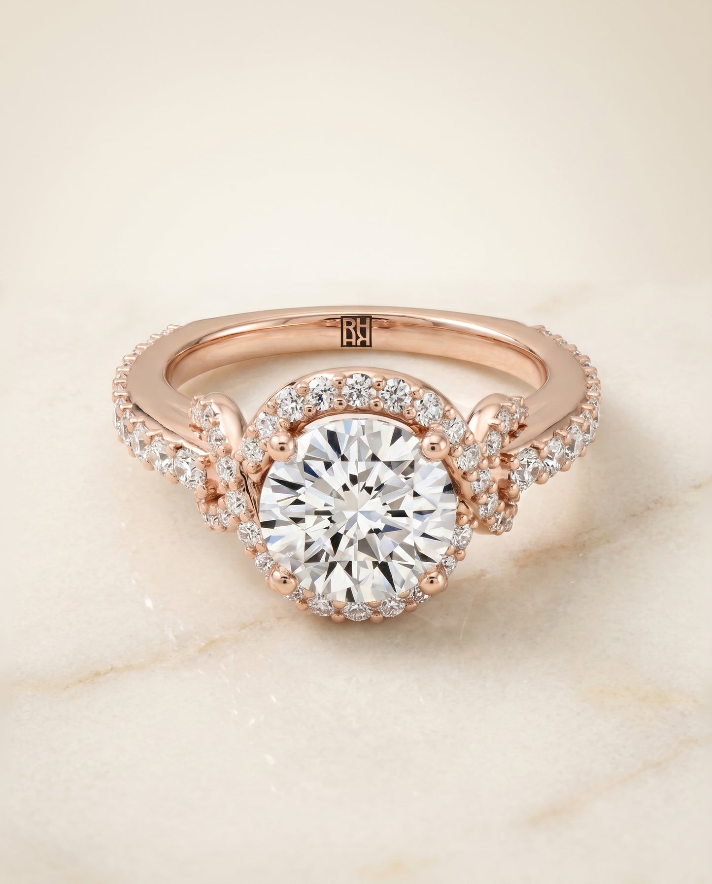The Bess Pavé Halo Engagement Ring Setting for Round Diamonds in 14K Rose Gold | RockHer