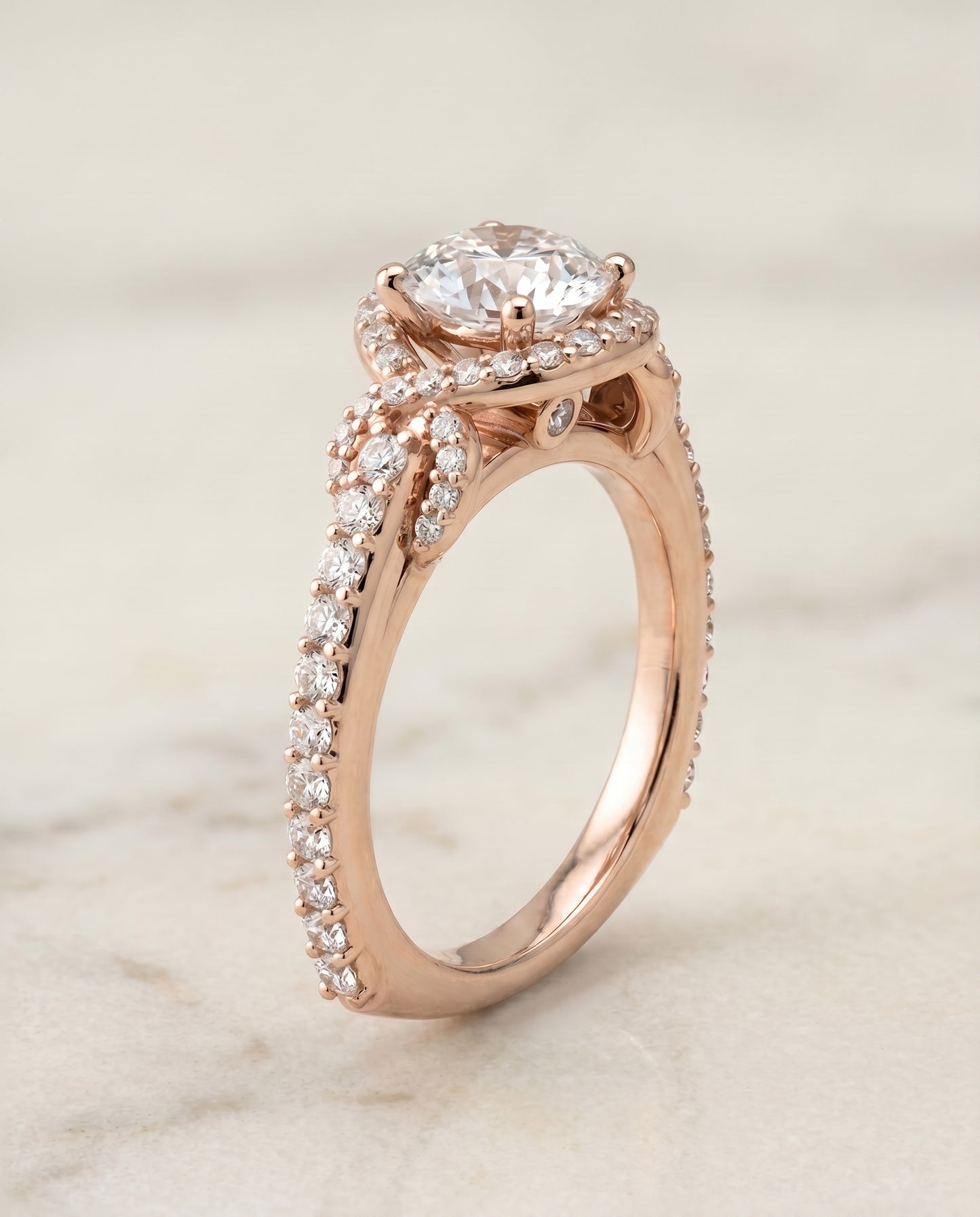 The Bess Pavé Halo Engagement Ring Setting for Round Diamonds in 14K Rose Gold