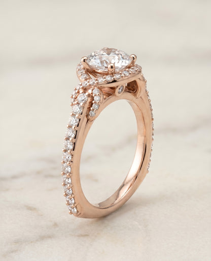 The Bess Love Knot Pavé Halo Round Engagement Ring Setting in 14K Rose Gold