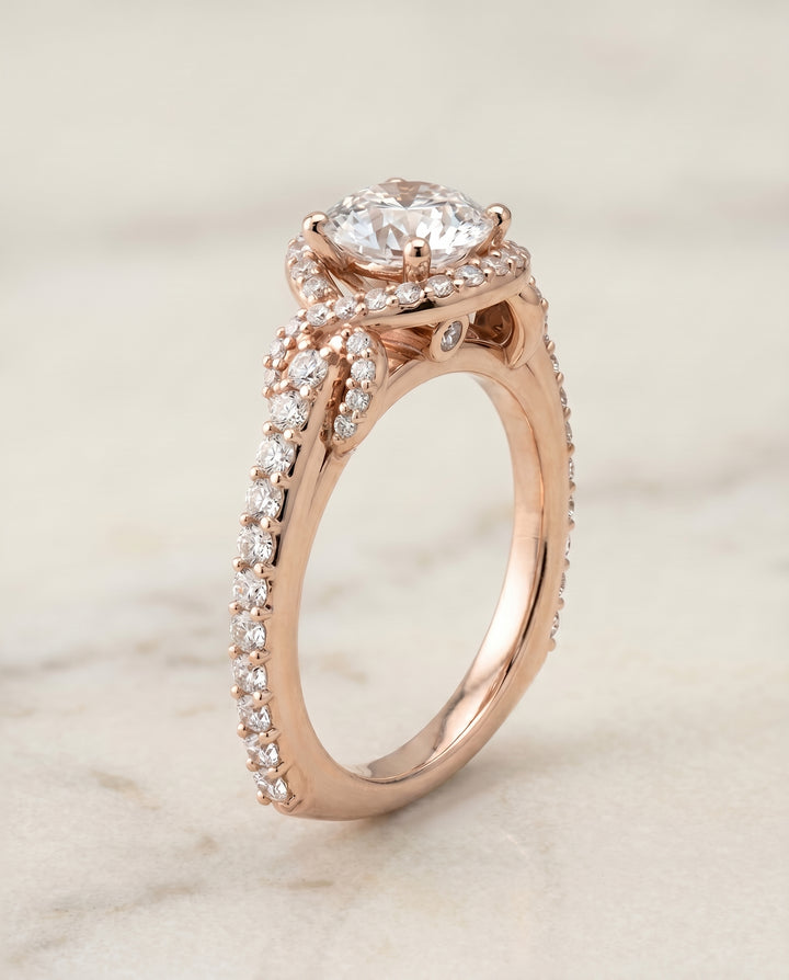 The Bess Pavé Halo Engagement Ring Setting for Round Diamonds in 14K Rose Gold