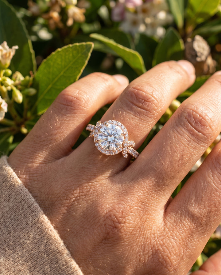 The Bess Pavé Halo Engagement Ring Setting for Round Diamonds in 14K Rose Gold