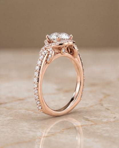 The Bess Love Knot Pavé Halo Round Engagement Ring Setting in 14K Rose Gold
