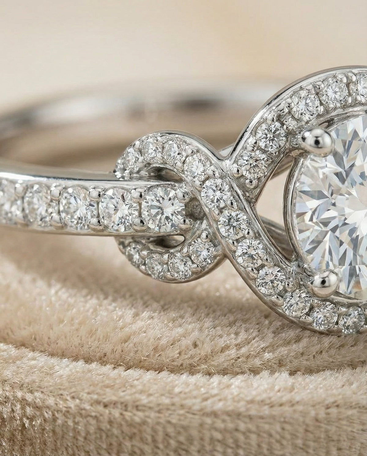 Bess Select Love Knot Pavé Halo Round Lab Diamond Engagement Ring in Platinum, detail view | RockHer