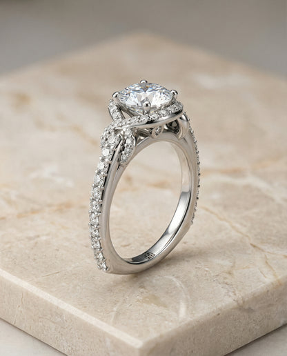 Round Brilliant, Love Knot Pavé Halo, in 18K White Gold, pave setting – front view | RockHer
