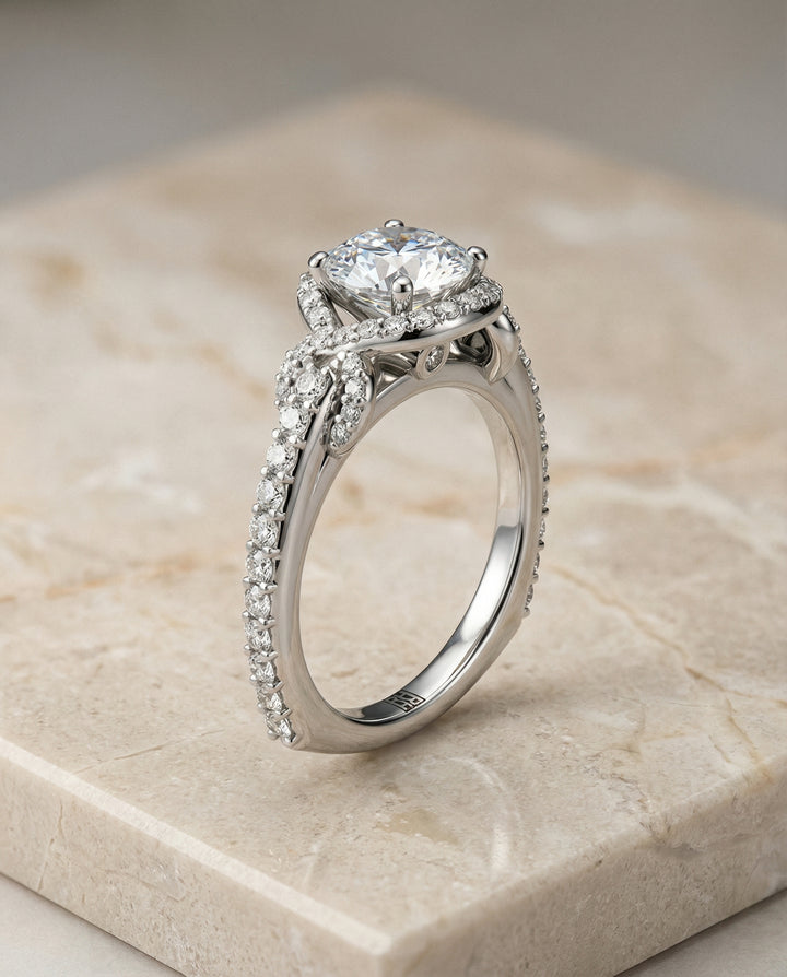 Round Brilliant, Love Knot Pavé Halo, in Platinum, pave setting – front view | RockHer