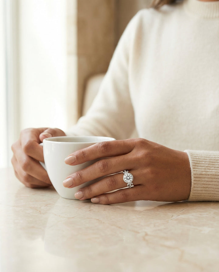 Bess Select love knot pavé halo round ring in 18K White Gold — lifestyle — RockHer