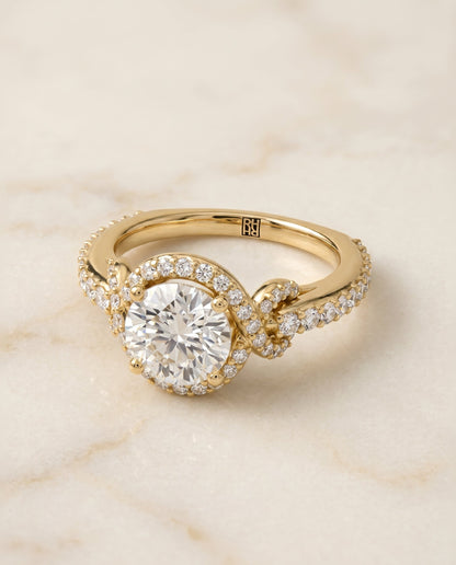 Bess Select Love Knot Pavé Halo Round Lab Diamond Engagement Ring in 14K Yellow Gold, alternate angle | RockHer
