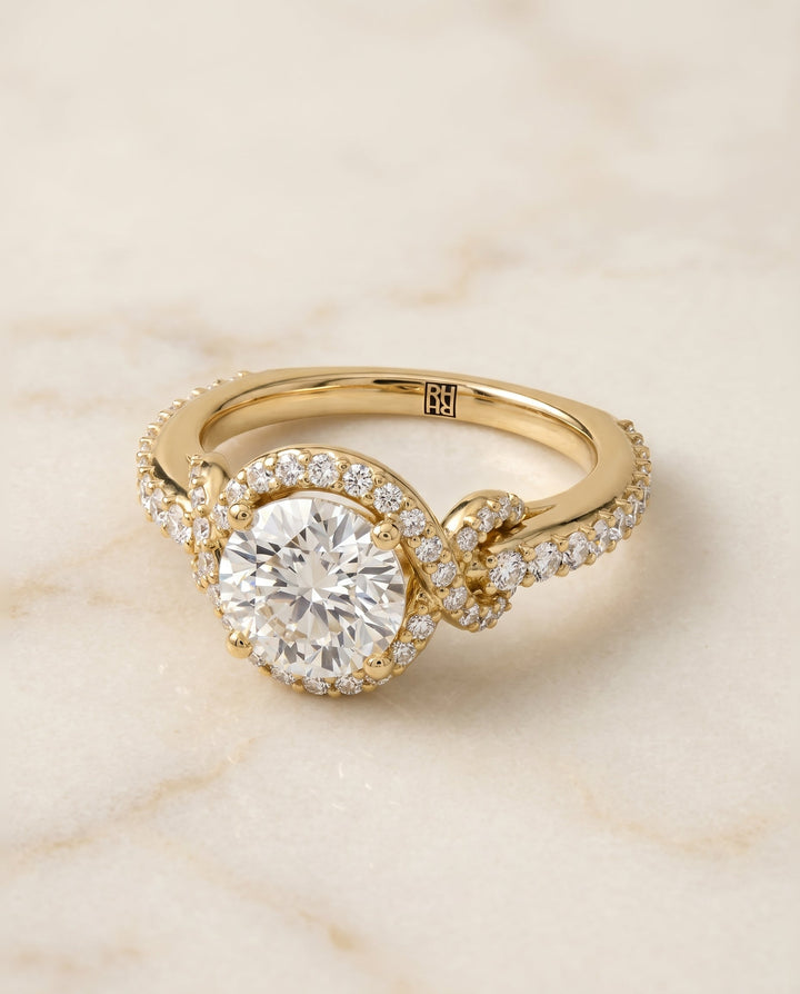 Bess love knot pavé halo engagement ring in 18K yellow gold with round lab diamond — RockHer