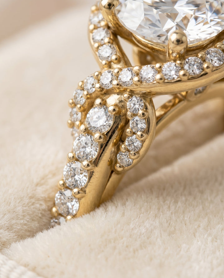 Bess love knot pavé halo engagement ring in 18K yellow gold with round lab diamond — RockHer