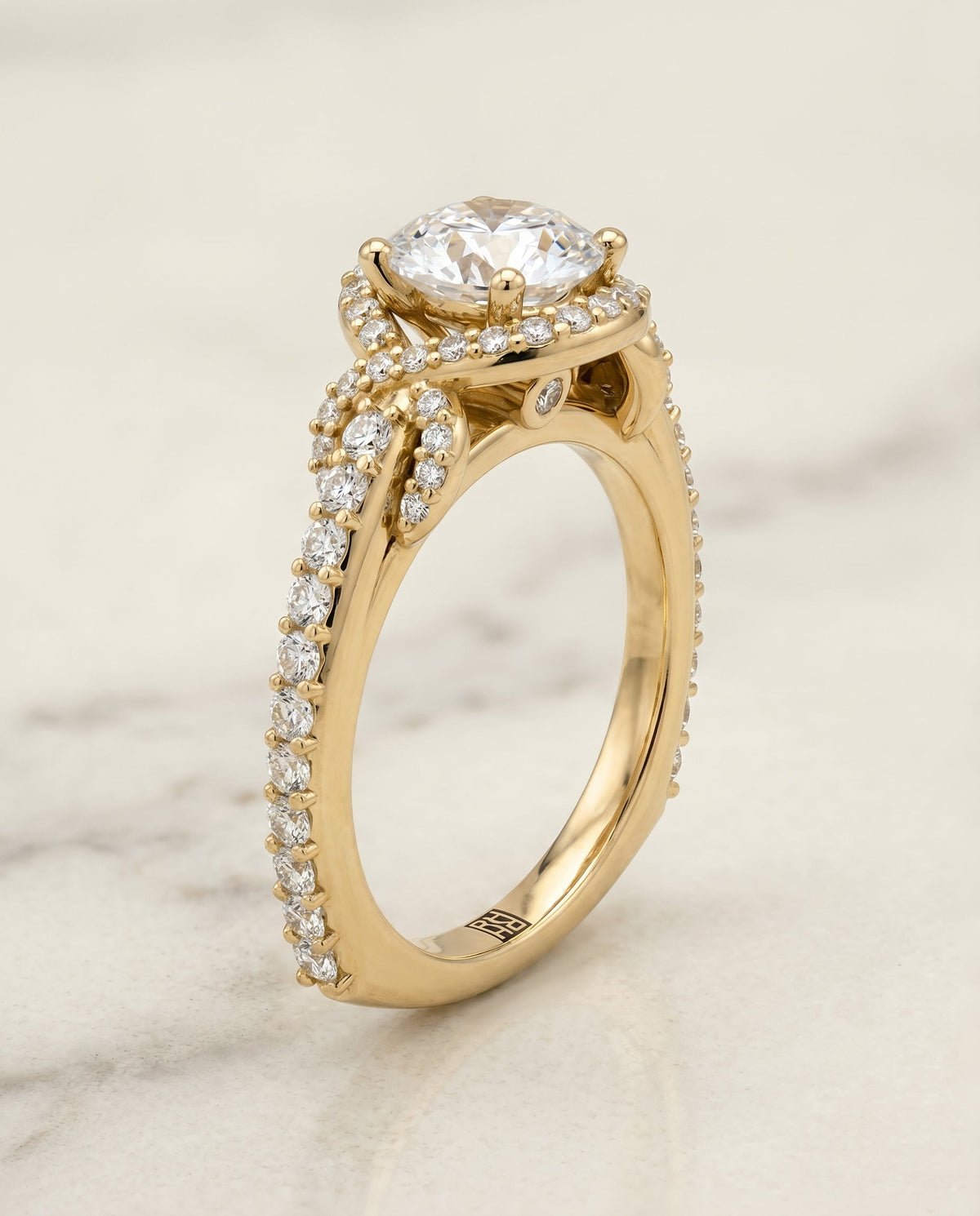 Bess Select Love Knot Pavé Halo Round Lab Diamond Engagement Ring in 18K Yellow Gold, front view | RockHer