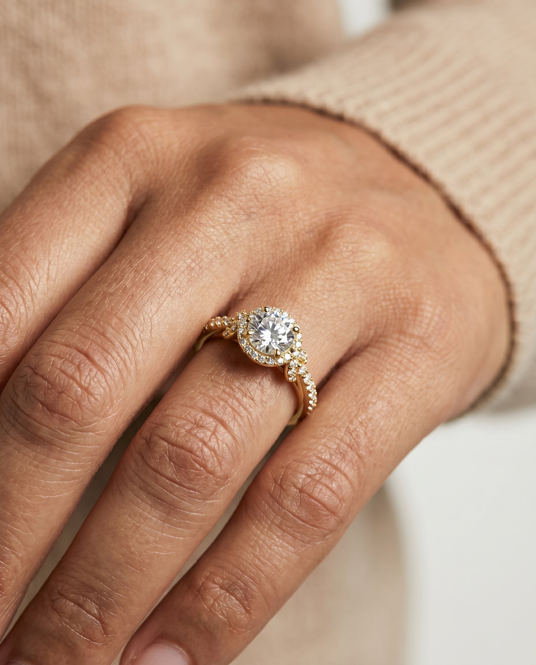 The Bess engagement ring setting in 18K Yellow Gold, love knot pavé halo design | RockHer