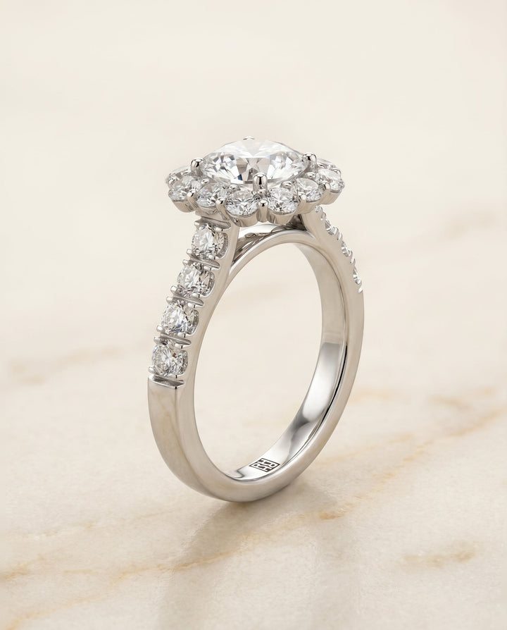Alannah luxe french pavé halo engagement ring in platinum with asscher lab diamond — RockHer
