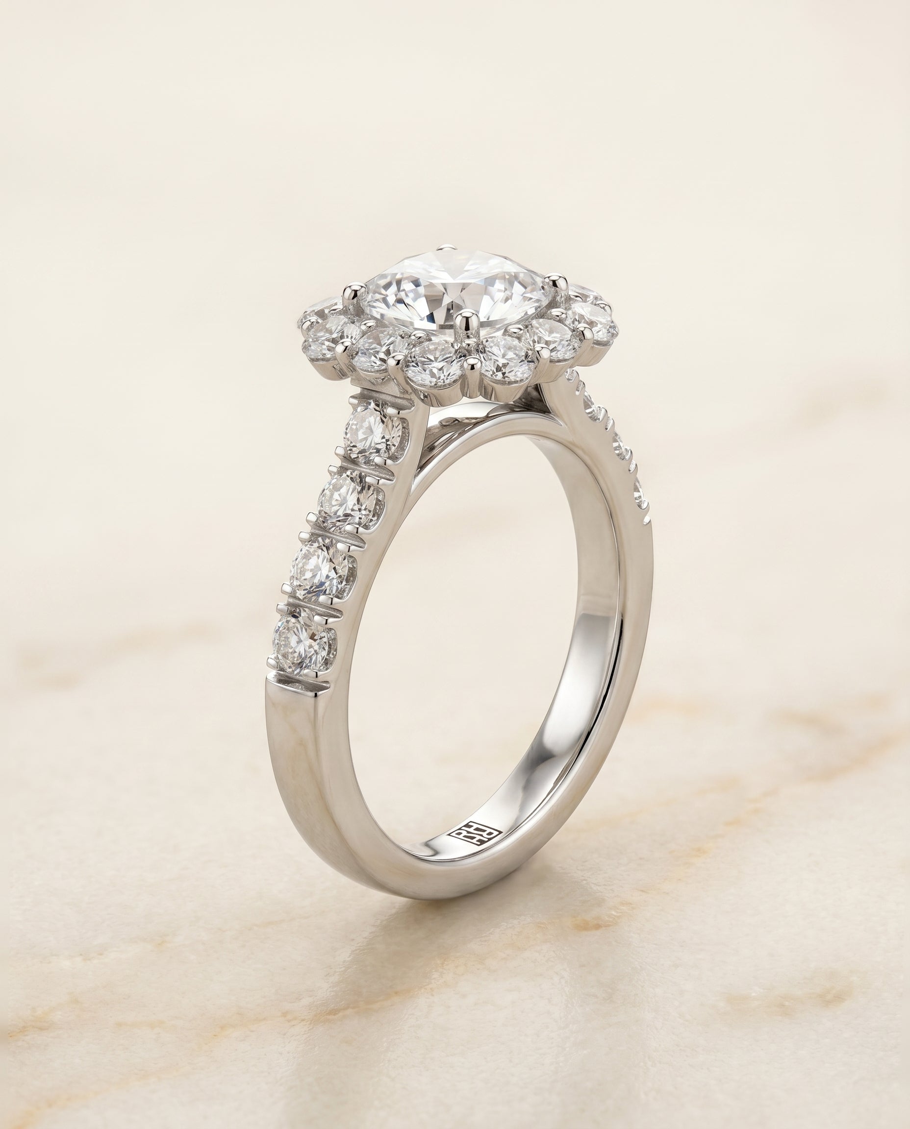 The Alannah luxe french pavé halo cut engagement ring setting, shown in Platinum | RockHer