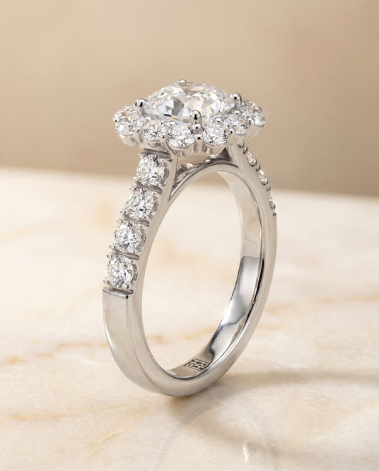 Alannah luxe french pavé halo engagement ring in 18K white gold with asscher lab diamond — RockHer