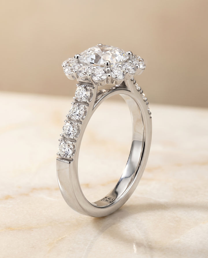 Luxe French Pavé Halo Asscher, in Platinum, prong setting – front view | RockHer