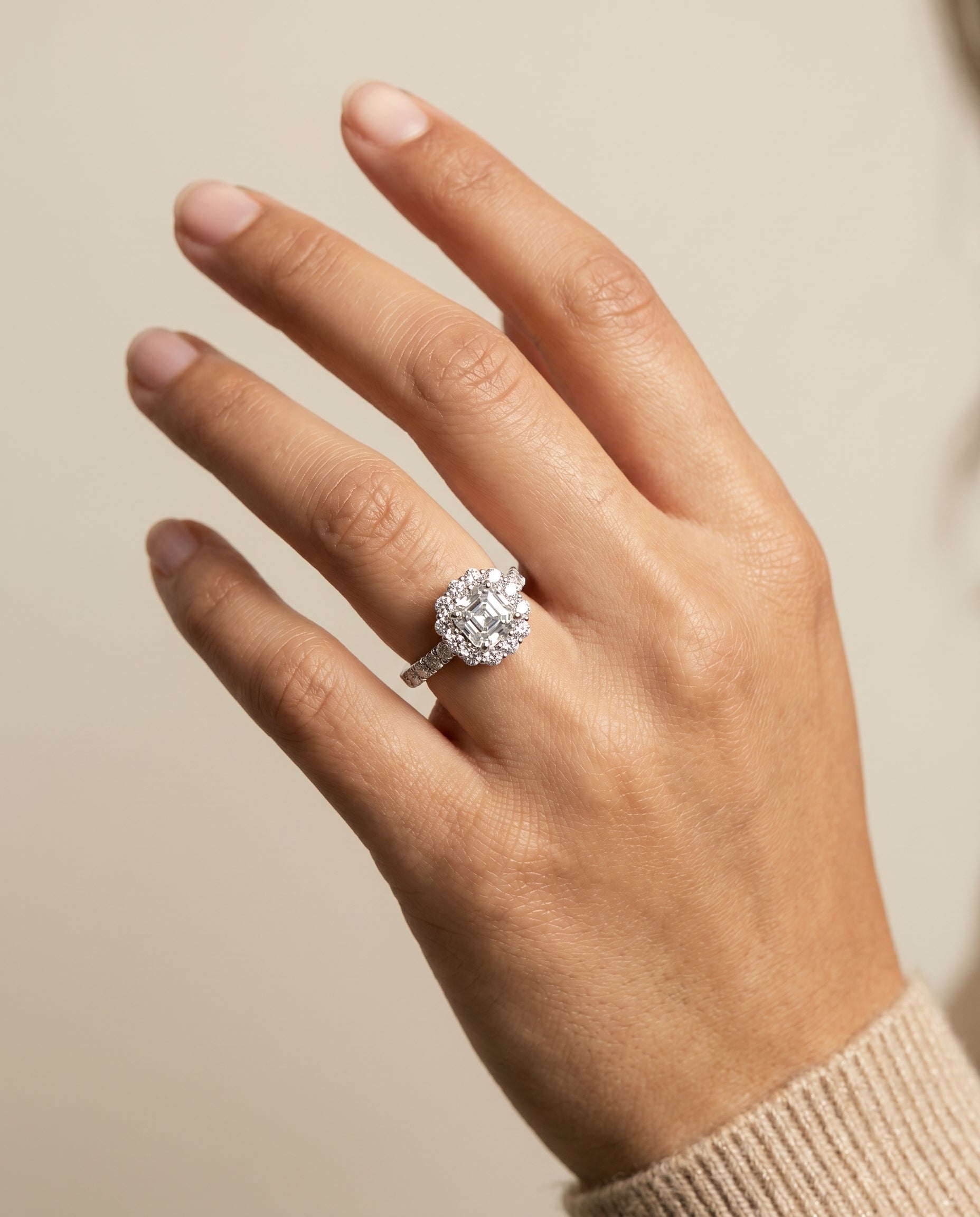 The Alannah engagement ring setting in Platinum, luxe french pavé halo cut design | RockHer