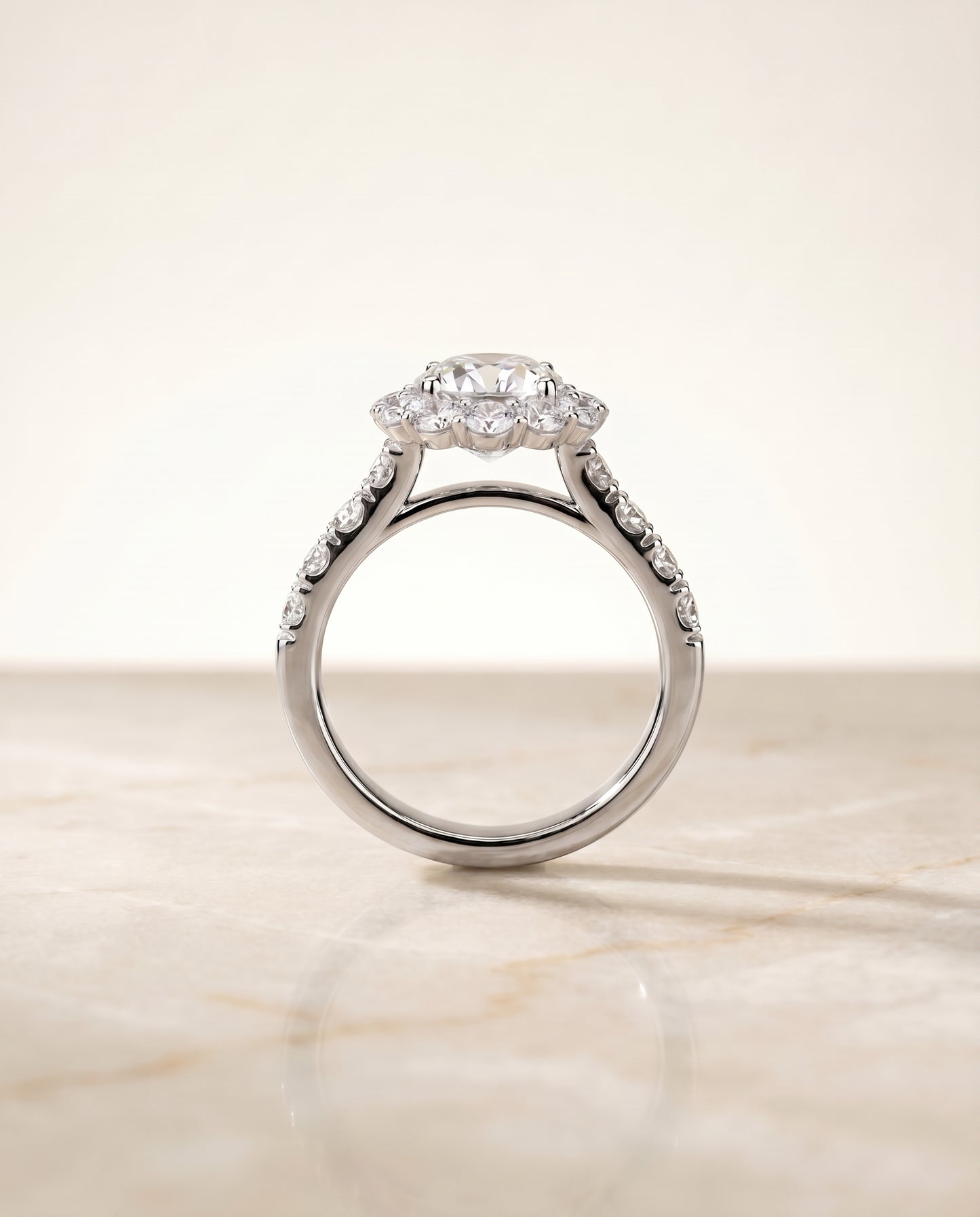Luxe French Pavé Halo Asscher, in Platinum, prong setting – side profile | RockHer