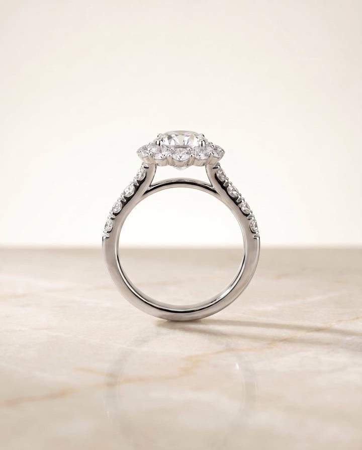Alannah luxe french pavé halo engagement ring in platinum with asscher lab diamond — RockHer