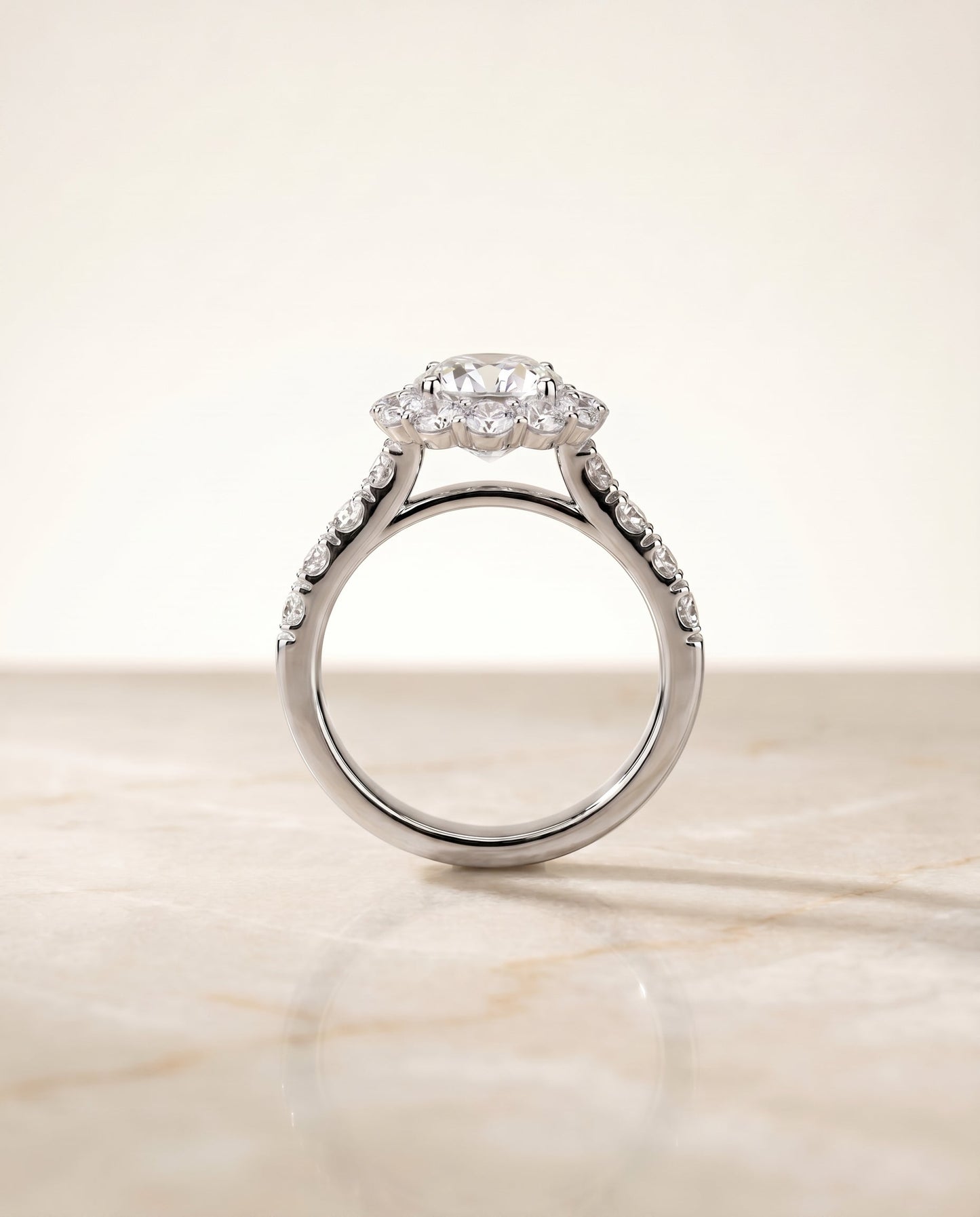 Alannah luxe french pavé halo engagement ring in 18K white gold with asscher lab diamond — RockHer