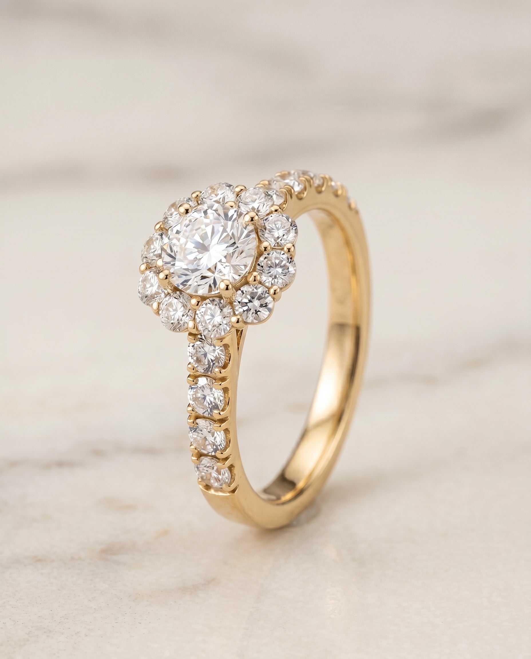 Alannah Select Luxe French Pavé Halo Cushion Cut Lab Diamond Engagement Ring in 18K Yellow Gold, front view | RockHer