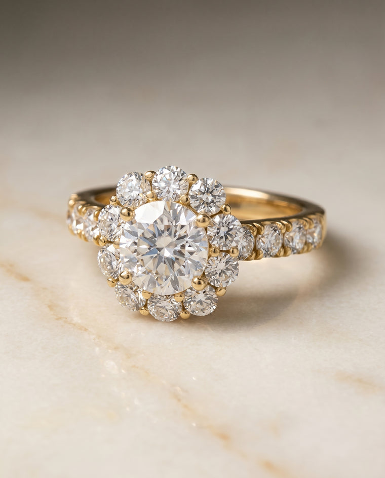 The Alannah Luxe French Pavé Halo Cushion Cut Engagement Ring Setting in 18K Yellow Gold
