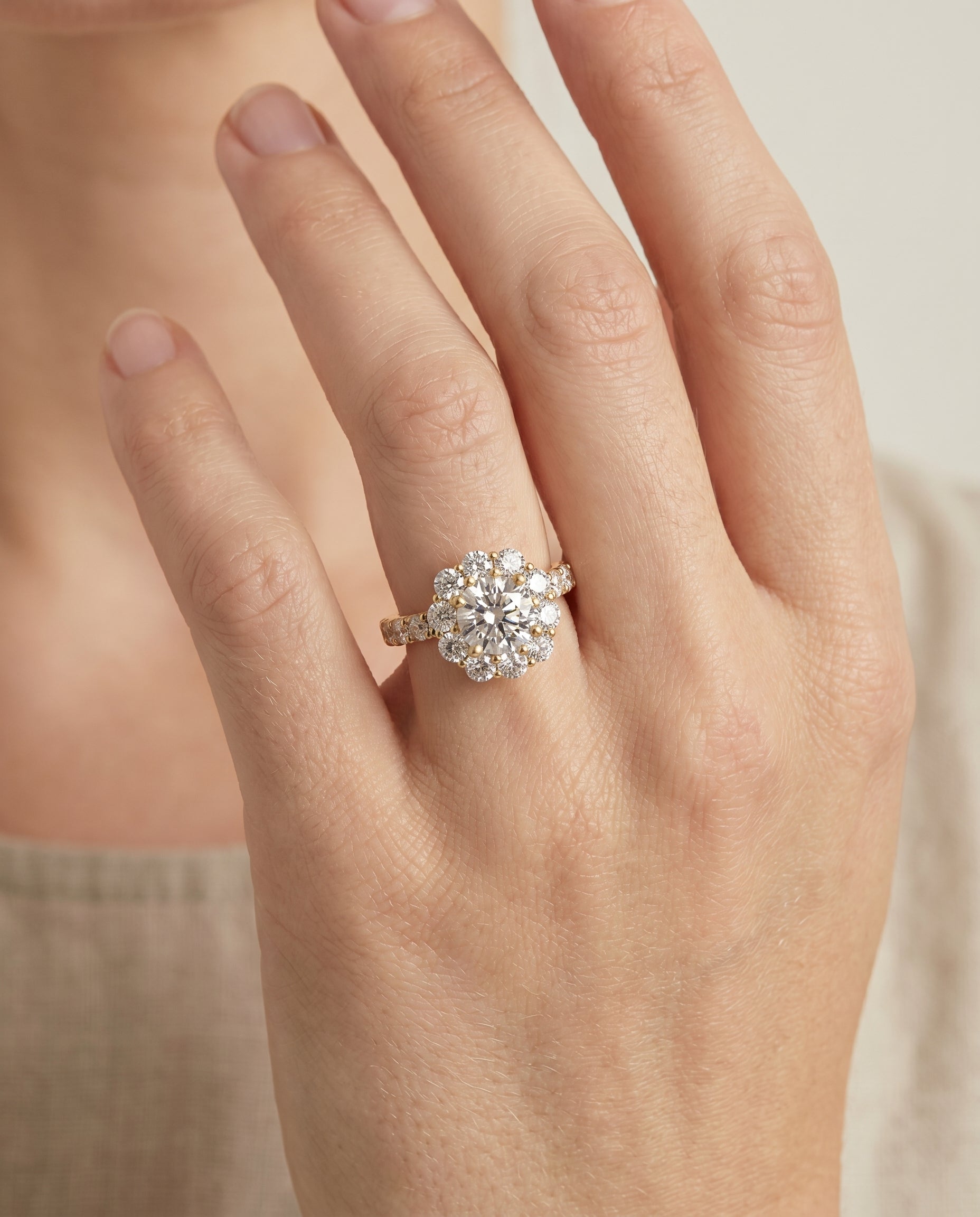 The Alannah engagement ring setting in 18K Yellow Gold, luxe french pavé halo cut design | RockHer