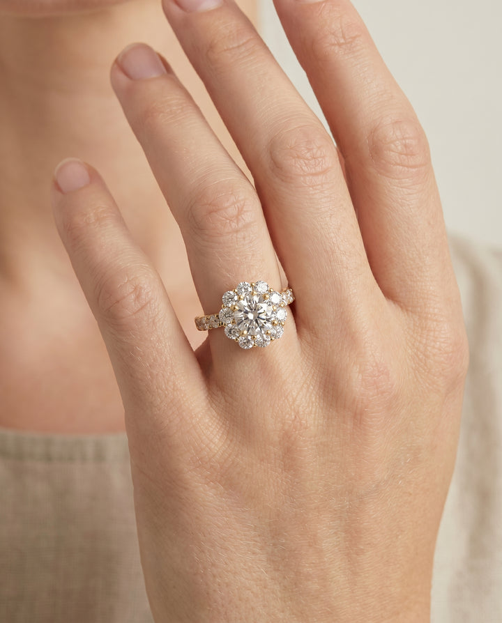The Alannah Pavé Halo Engagement Ring Setting for Cushion Diamonds in 18K Yellow Gold