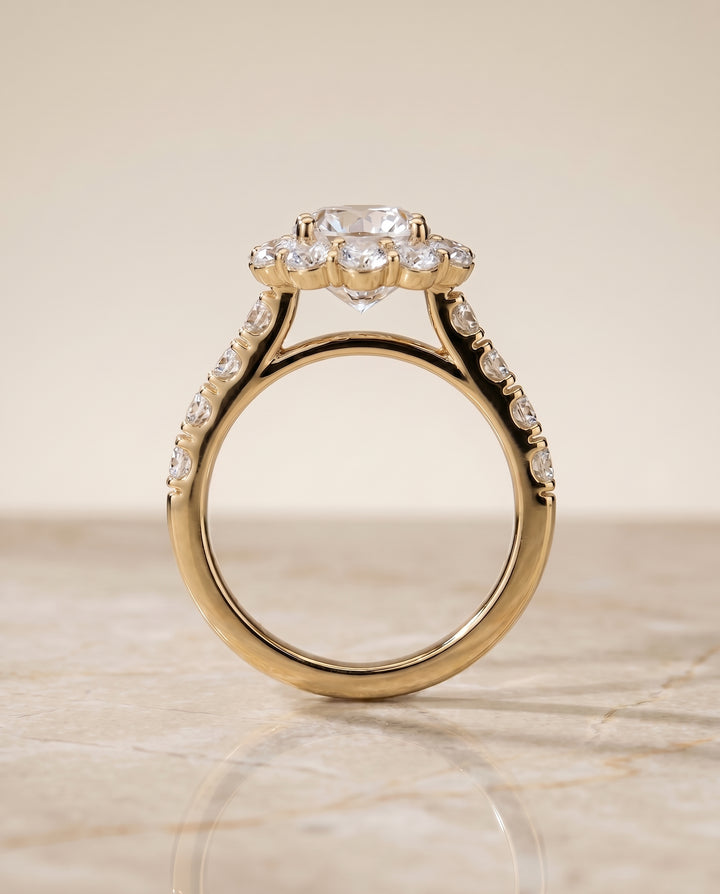 The Alannah Pavé Halo Engagement Ring Setting for Cushion Diamonds in 18K Yellow Gold
